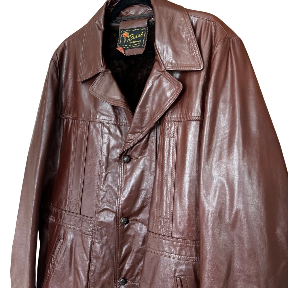 Reed Sportswear Leather Jacket Brown Vintage 1970s Faux Fur Lined Coat Retro Dad - Picture 2 of 15